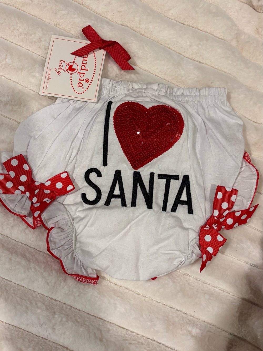 Mud Pie White Bloomers with Red Sequin Heart and Red Polka-Dot Bows